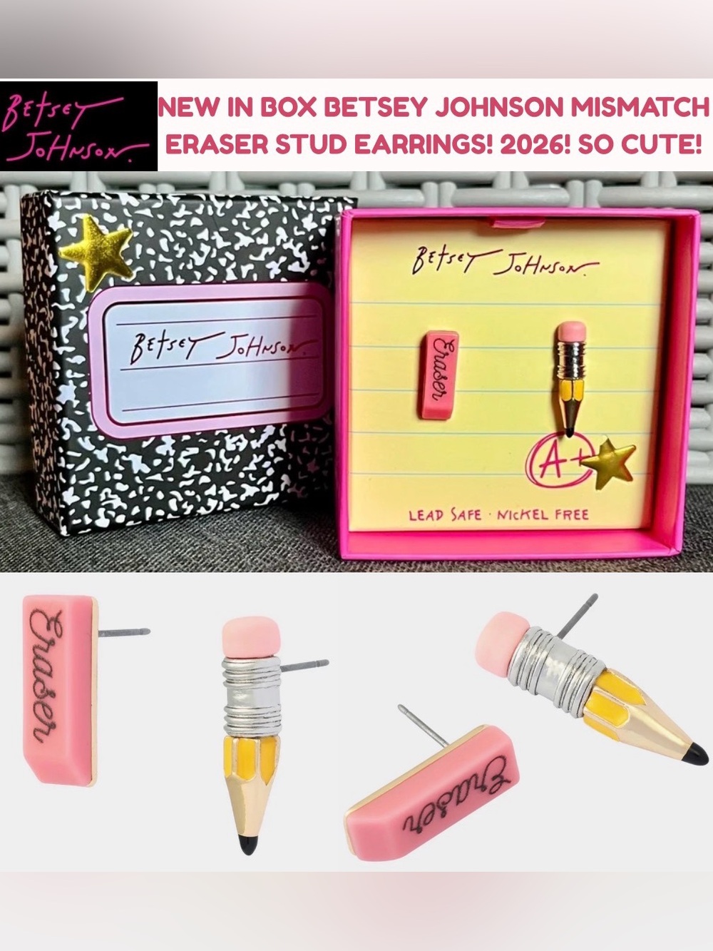 NIB BETSEY JOHNSON BEST IN CLASS MISMATCH ERASER STUD EARRINGS! GOLD PLATED!